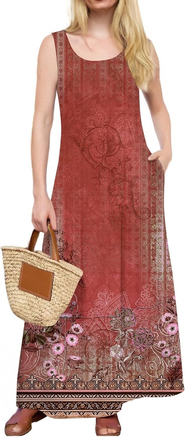 Womens Summer Tank Dress Vacation Boho Floral Long Dresses with Pockets Resort Wear Swing Beach Sleeveless Sundress
