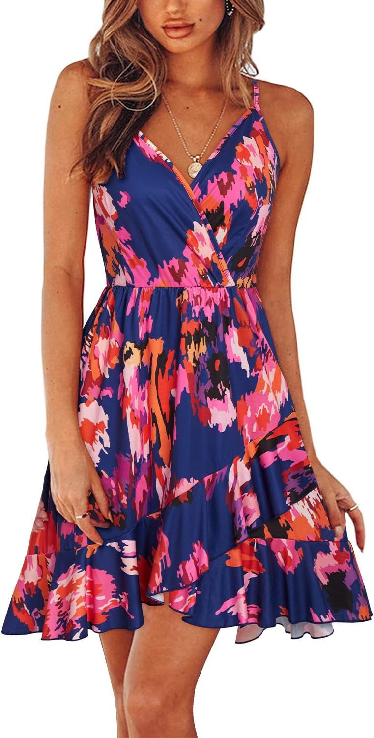ULTRANICE Womens Summer Dresses Floral V Neck Ruffled Hem Spaghetti Spring Casual Beach Outfits Flowy Wrap Sun Dress