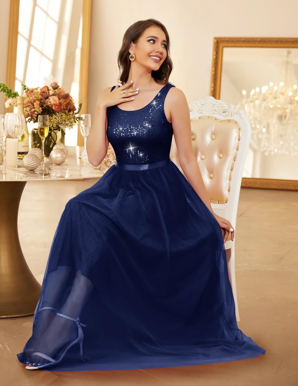 BeryLove Sequin Dress for Woman Vintage A Line Wedding Formal Swing Mesh Dress Sleeveless Cocktail Maxi Gowns