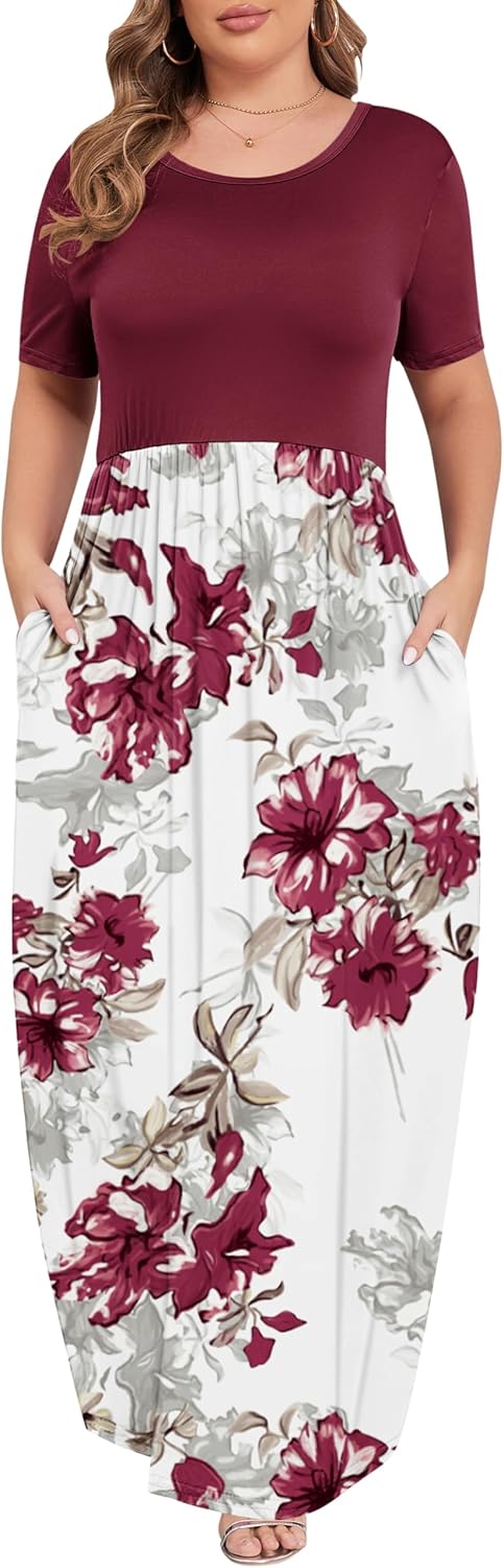 KARALIN Women’s Plus Size Maxi Dresses for Curvy Women Summer Casual Short Sleeve 2025 Long Dress 14W-26W