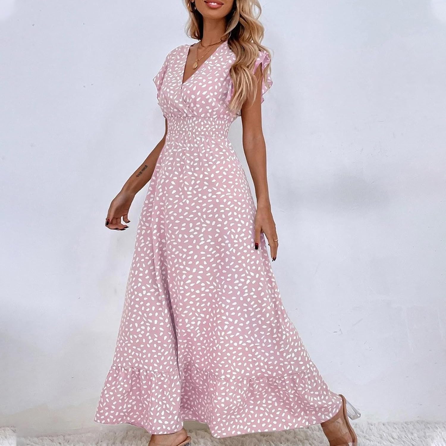 2024 Womens Summer Dresses Casual Boho Floral Ruffle Sleeve Midi Dresses Trendy Tie Waist V-Neck Sundress Beach Dress