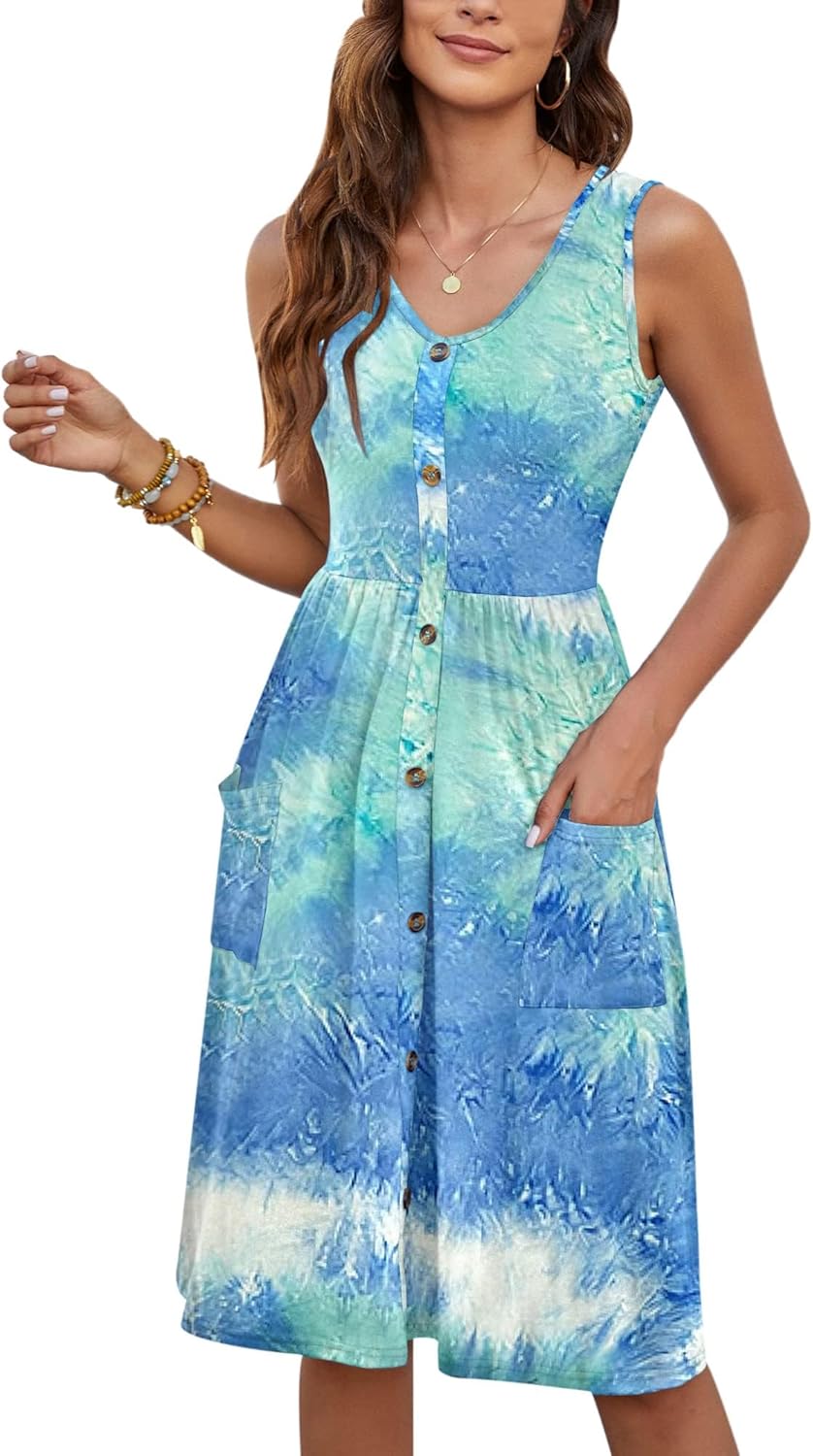 MOLERANI Women Summer Dresses Sleeveless Casual Loose Swing Button Down Midi Dress with Pockets