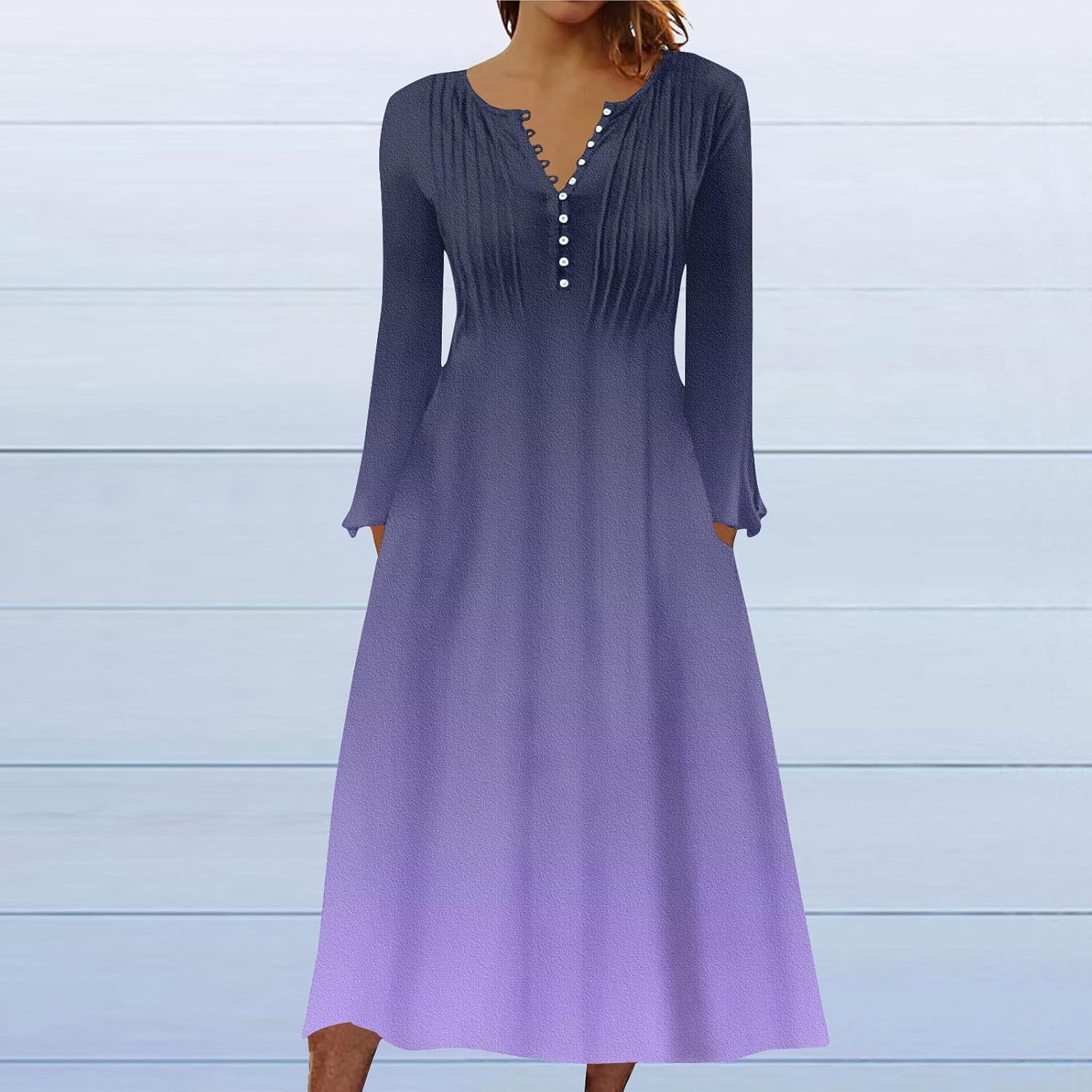 DOPOCQ Fall Women Dresses 2023 Long Sleeve V Neck Plus Size Maxi Dress Boho Dress High Waisted A-Line Dress with Pocket