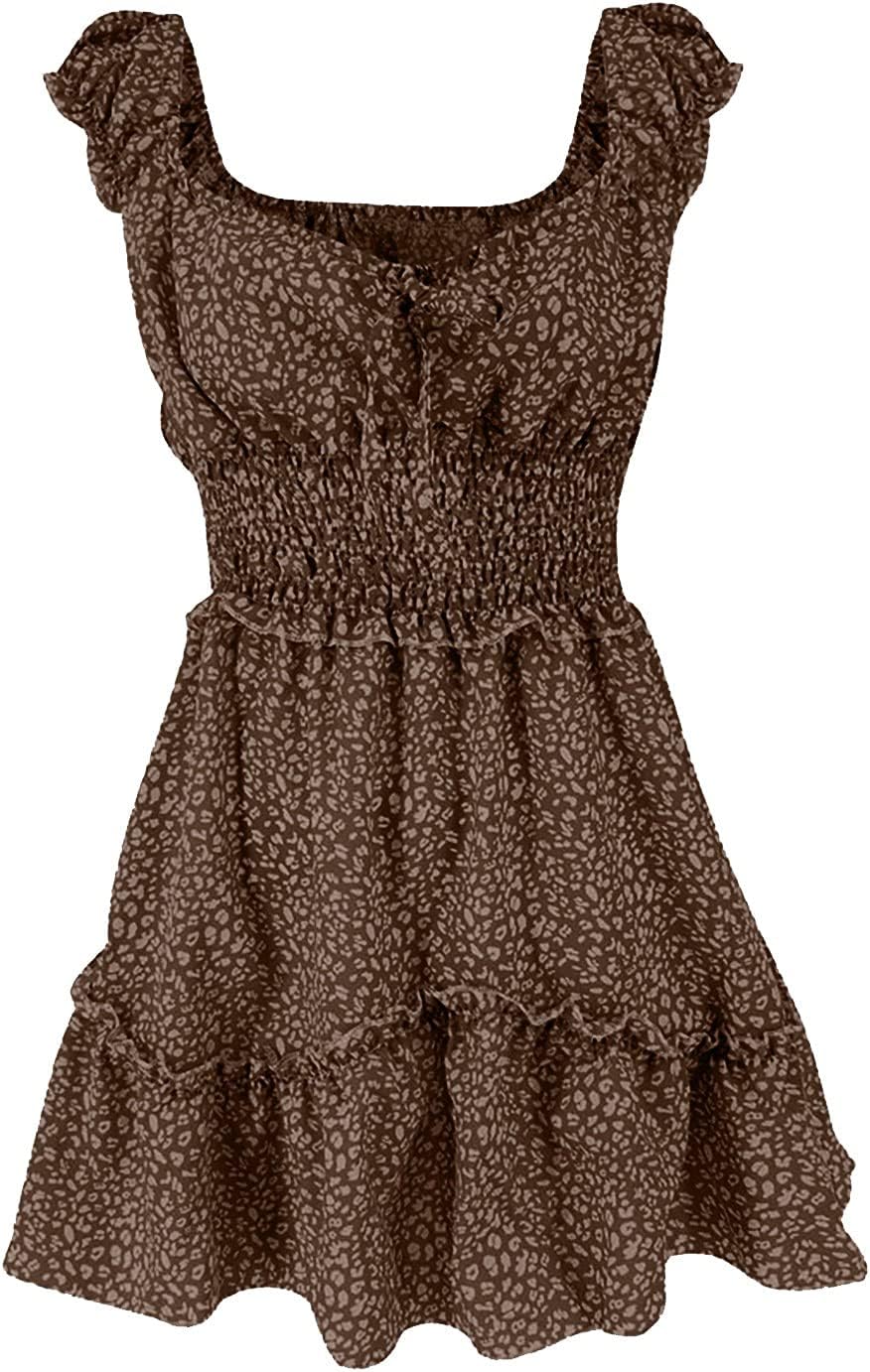 iQKA Women Short Mini Dress Summer Bohemian Floral Print Short Sleeve Square Neck Sexy Babydoll Dresses S-3XL