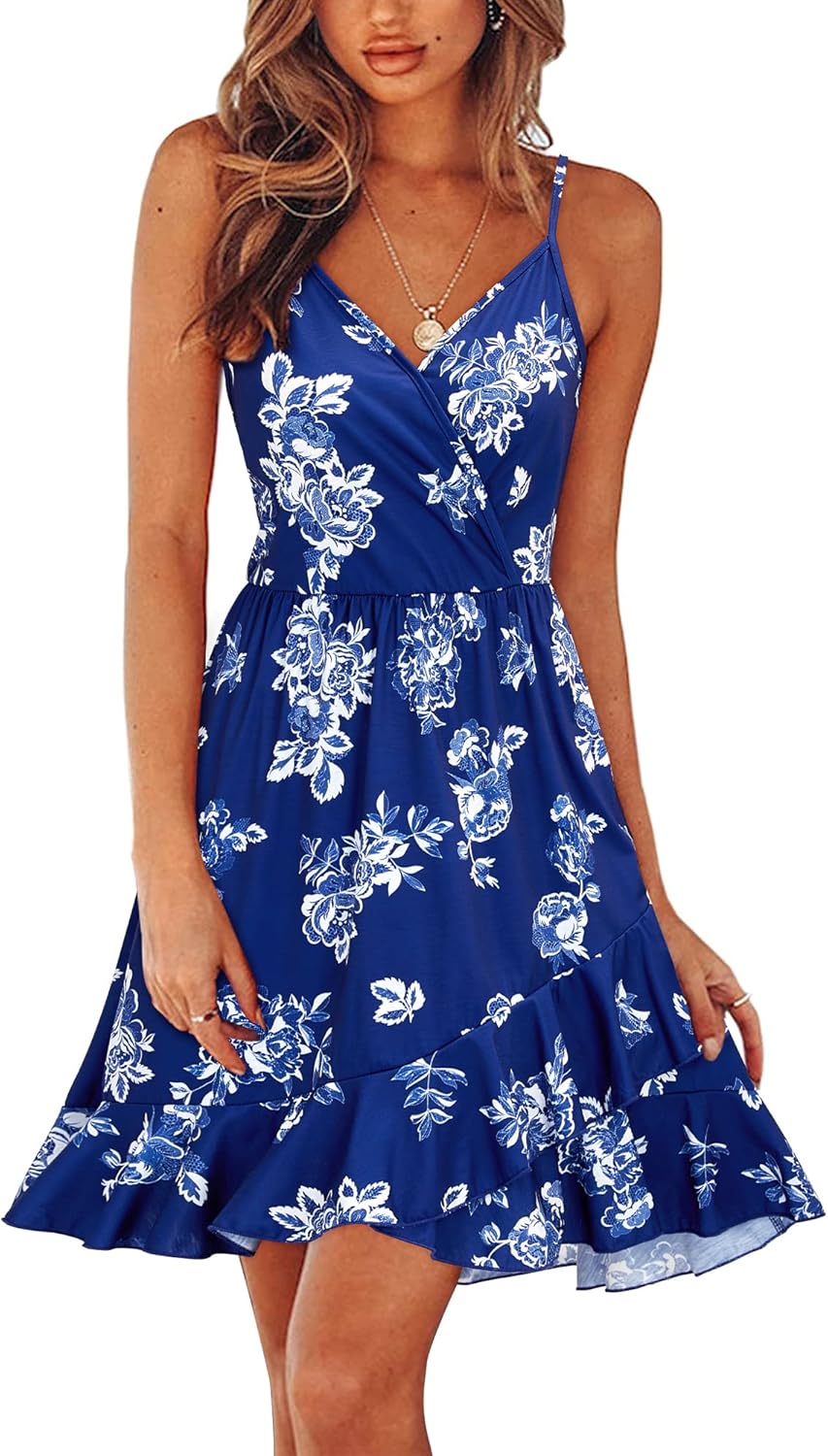ULTRANICE Womens Summer Dresses Floral V Neck Ruffled Hem Spaghetti Spring Casual Beach Outfits Flowy Wrap Sun Dress