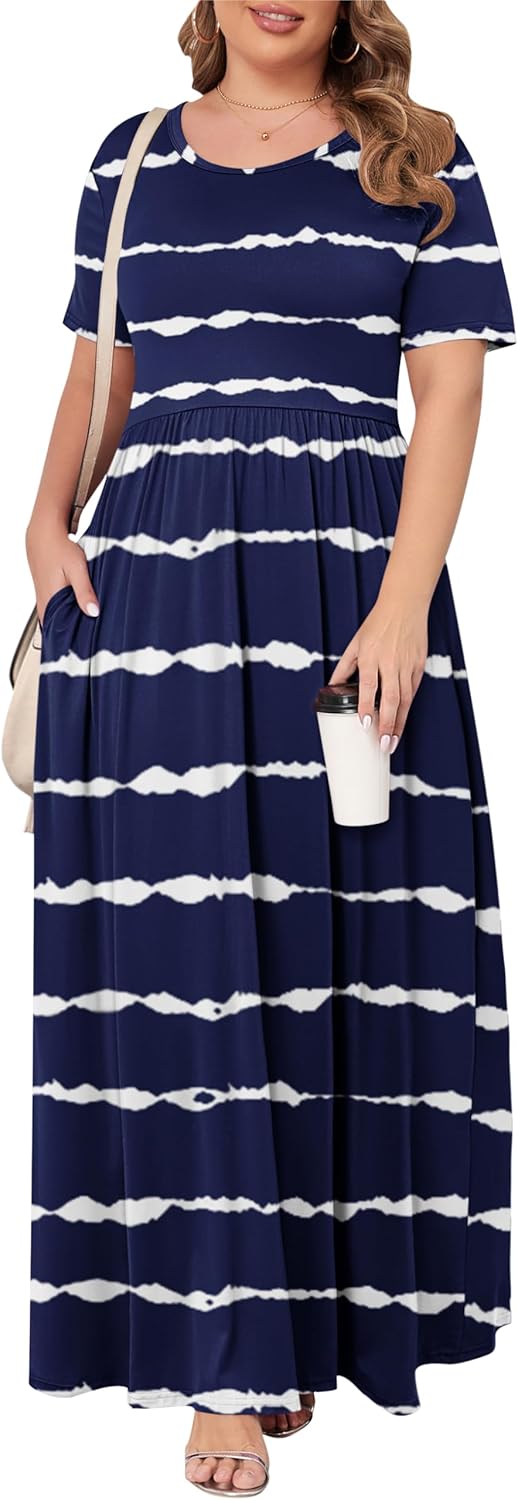 KARALIN Women’s Plus Size Maxi Dresses for Curvy Women Summer Casual Short Sleeve 2025 Long Dress 14W-26W