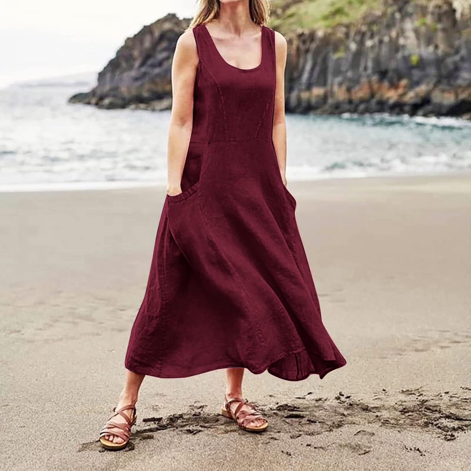 Women's Casual Sleeveless Dresses, Cotton Linen Pocket Dresses Summer Dresses for Women 2024 Sundresses Beach Dress