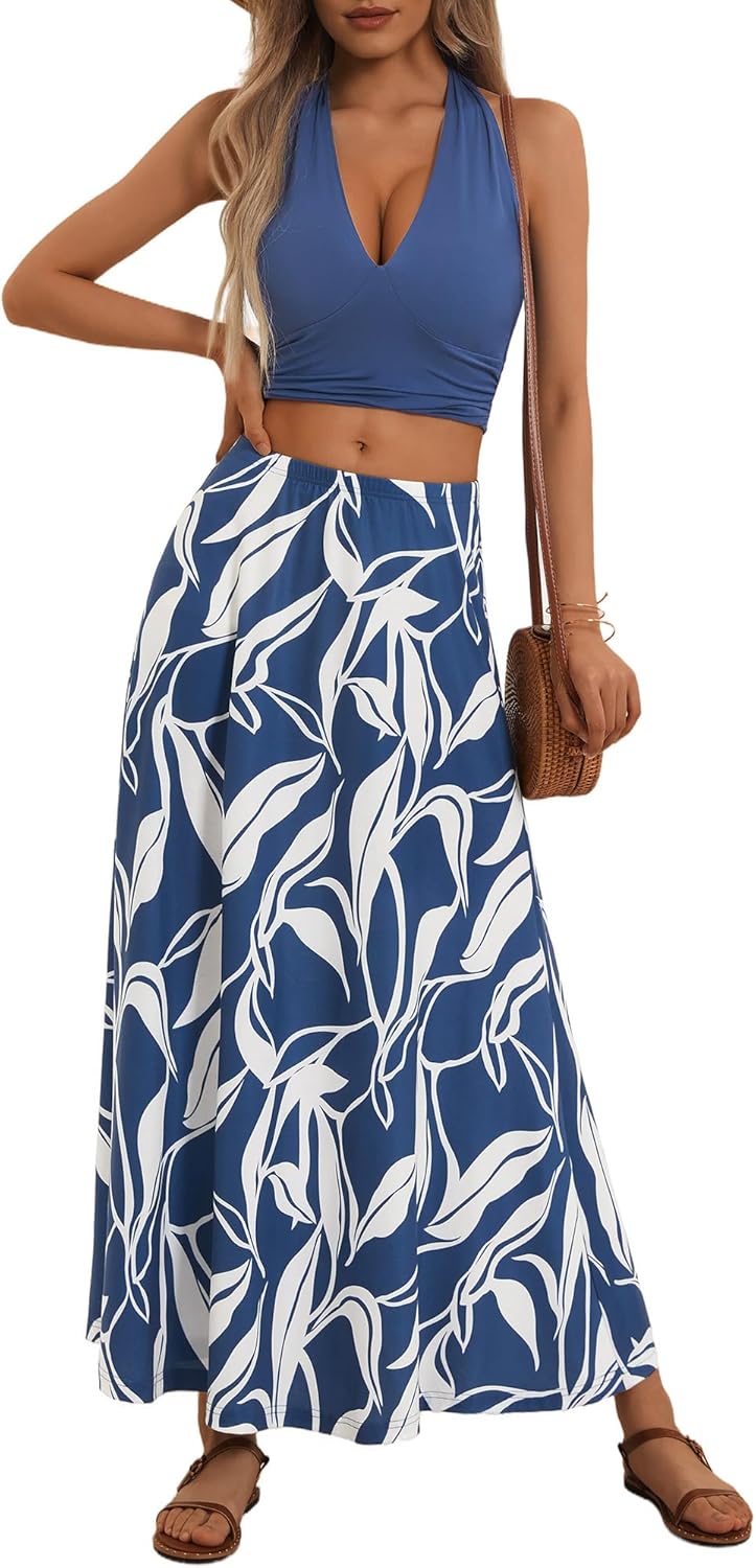 FENSACE Women's Summer Sexy 2 Pieces Floral Beach Vacation Outfits Halter Top Maxi Skirt Set