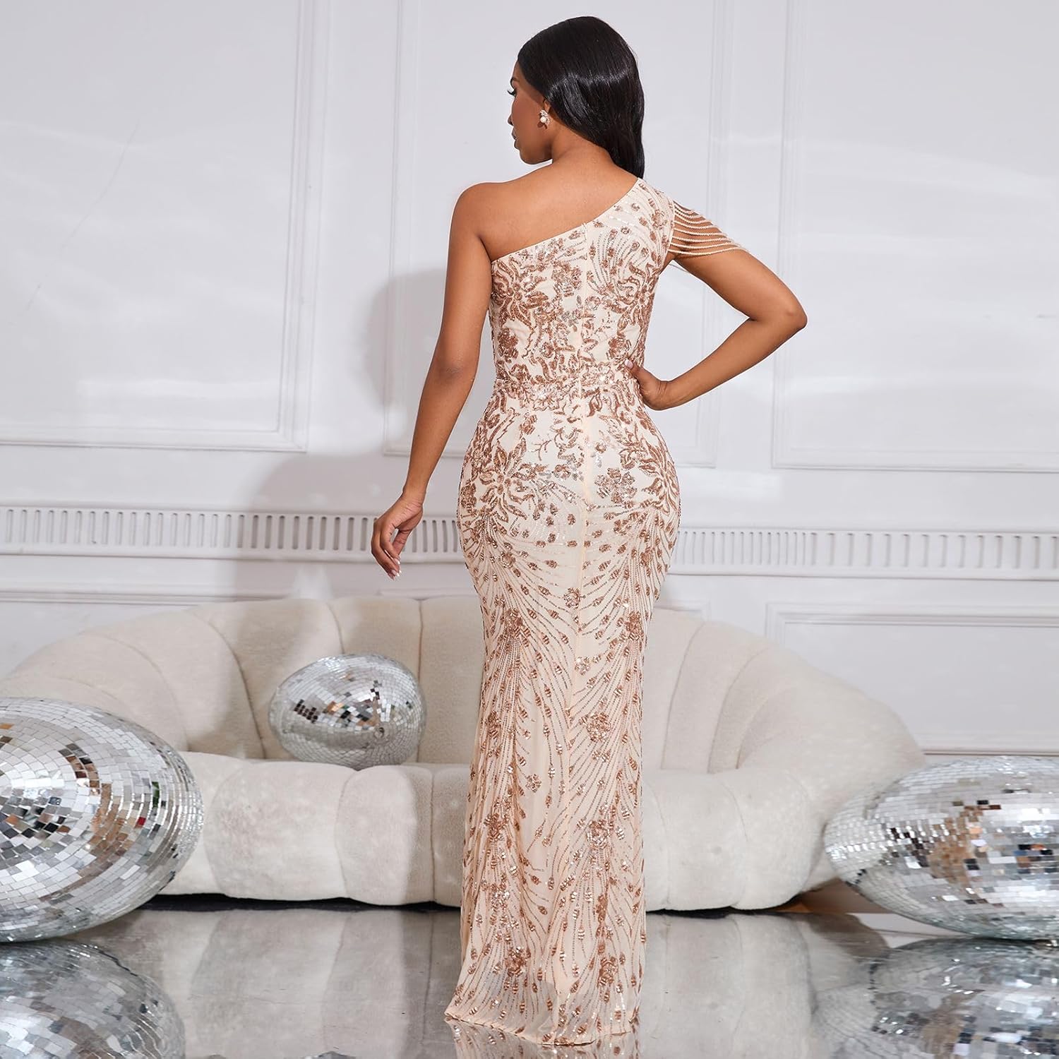 Cololura Women Sequin Elegant Sexy One Shoulder Tassel Mermaid Bodycon Cocktail Evening Dress