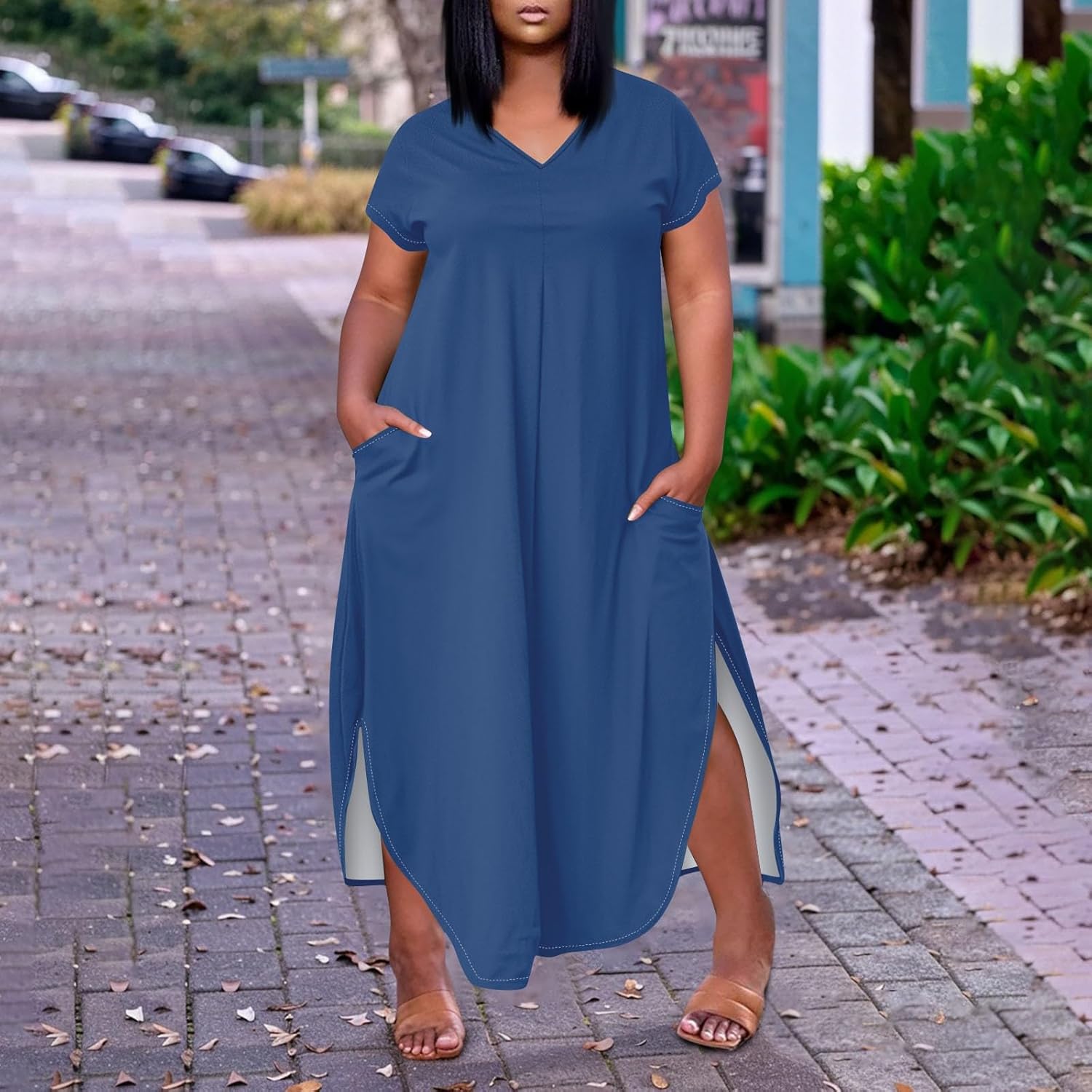 Maxi Dresses for Women 2025 Plus Size Tie Dye V Neck Dress Short Sleeve Side Split Beach Summer Sundress with Pocket