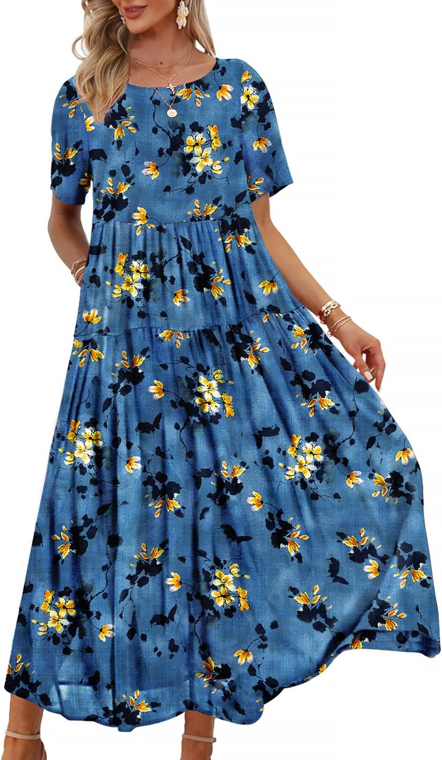YESNO Women Casual Loose Bohemian Floral Dress with Pockets Short Sleeve Long Maxi Summer Beach Swing Dress EJF