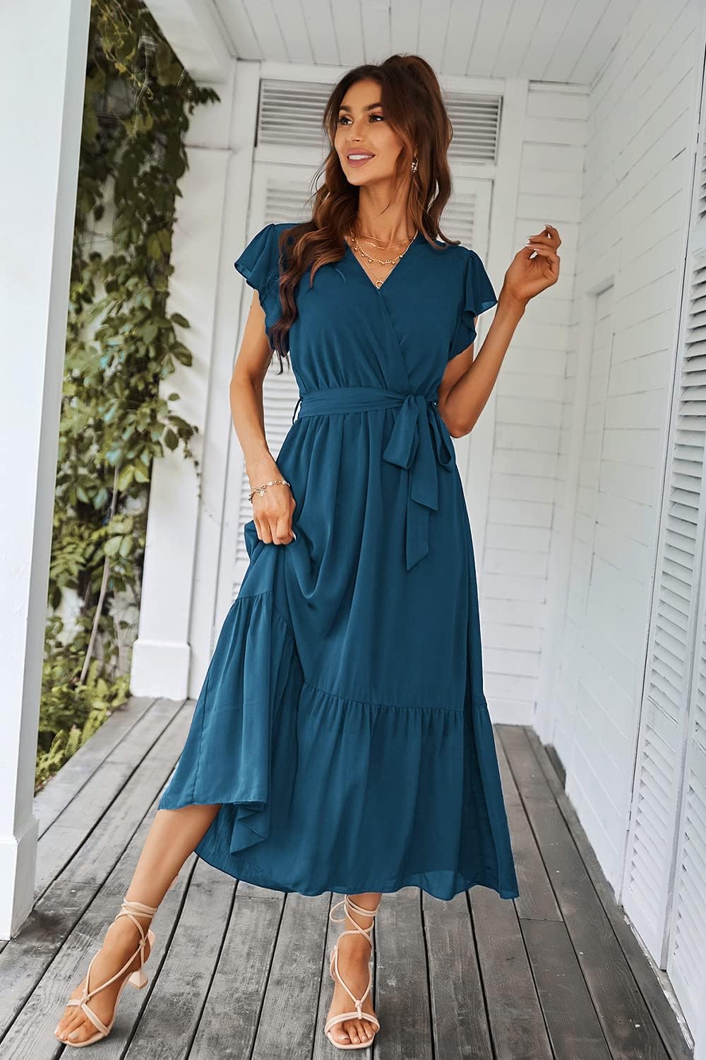 PRETTYGARDEN Women's Summer Floral Boho Dress Wrap V Neck Short Sleeve Ruffle A-Line Flowy Maxi Wedding Guest Dresses