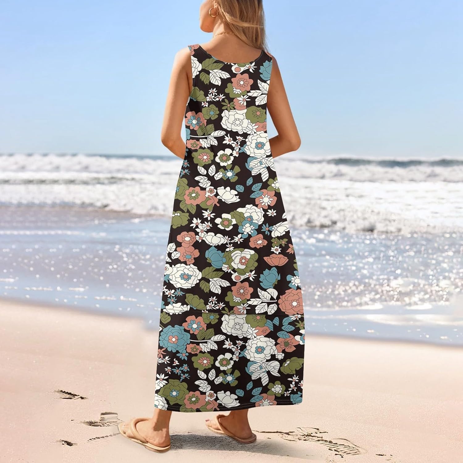 Womens Summer Tank Dress Vacation Boho Floral Long Dresses with Pockets Resort Wear Swing Beach Sleeveless Sundress