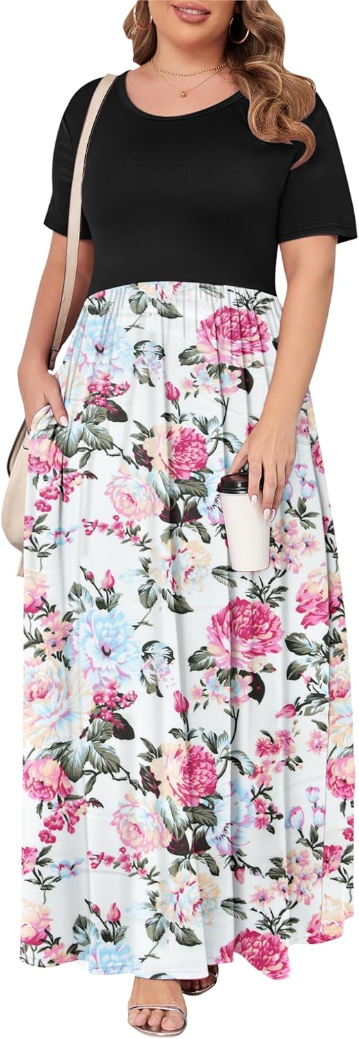 KARALIN Women’s Plus Size Maxi Dresses for Curvy Women Summer Casual Short Sleeve 2025 Long Dress 14W-26W