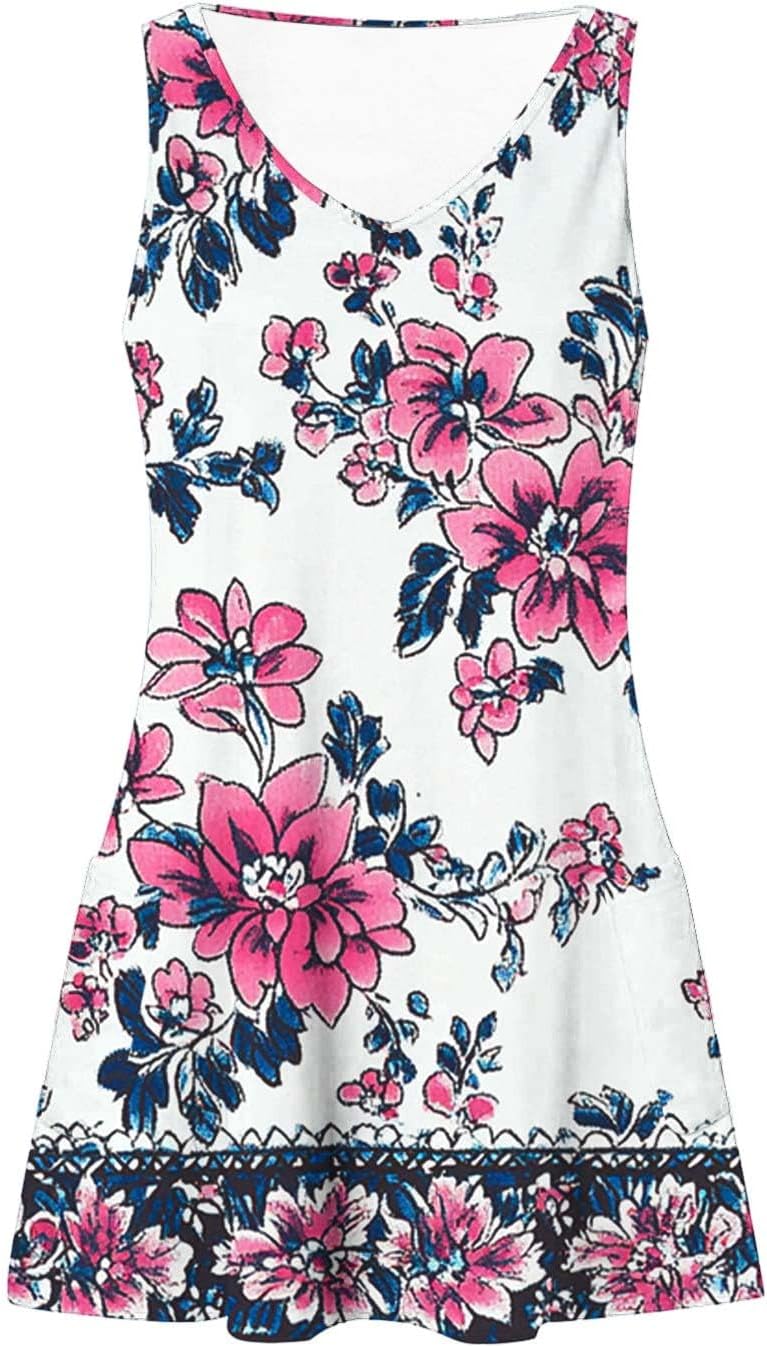Womens 2025 Spring Summer Dresses Casual Floral Print V-Neck Tank Dress Curve Hem Pleated A-Line Sundresses