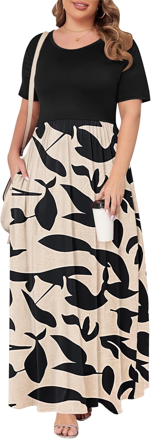 KARALIN Women’s Plus Size Maxi Dresses for Curvy Women Summer Casual Short Sleeve 2025 Long Dress 14W-26W