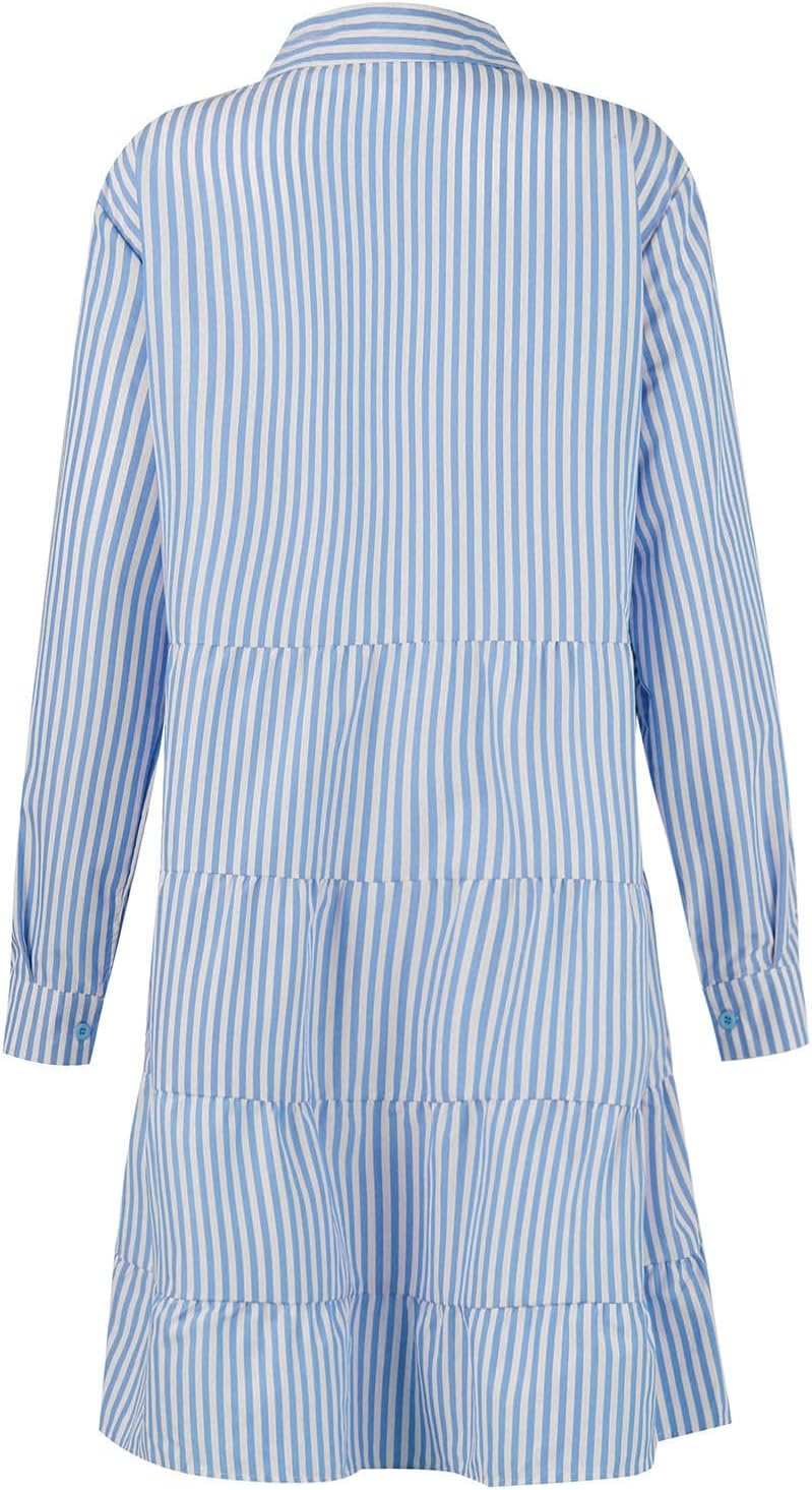 Button Down Dress for Women Summer Casual Striped Long Sleeve V Neck Lapel Dresses Loose Ruched Party Midi Dress 2025
