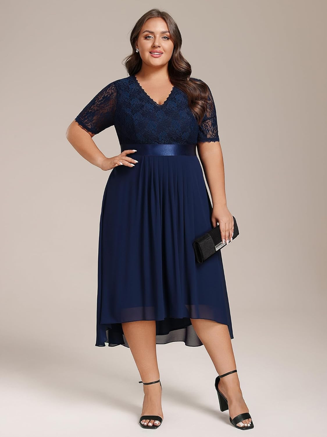 Ever-Pretty Women's V Neck Pleated A Line Lace Chiffon Half Sleeves Midi Plus Size Cocktail Wedding Guest Dresses
