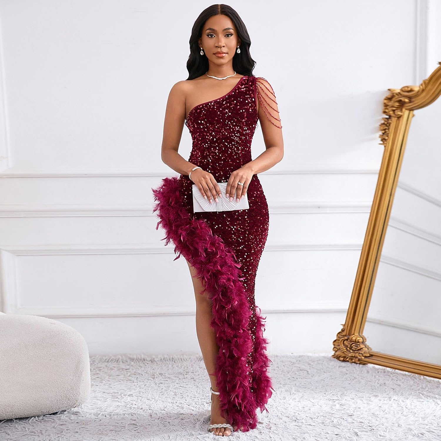 Cololura Women Sequin Elegant Sexy Tassels One Shoulder Mermaid Bodycon Cocktail Evening Midi Party Formal Dress