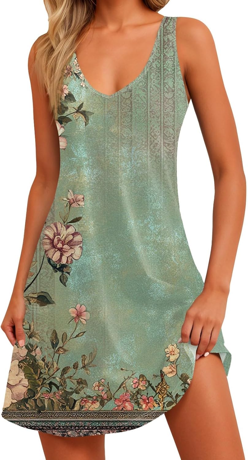 Women's Sleeveless Floral Print Summer Dress Casual V-Neck A-Line Mini Dress for Beach Party and Daily Wear