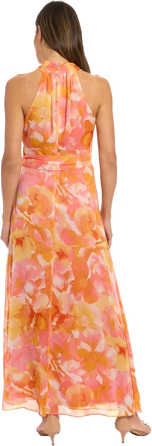London Times V-Neck Waist Tie Ruffle Cascade Wedding Guest Dresses for Women