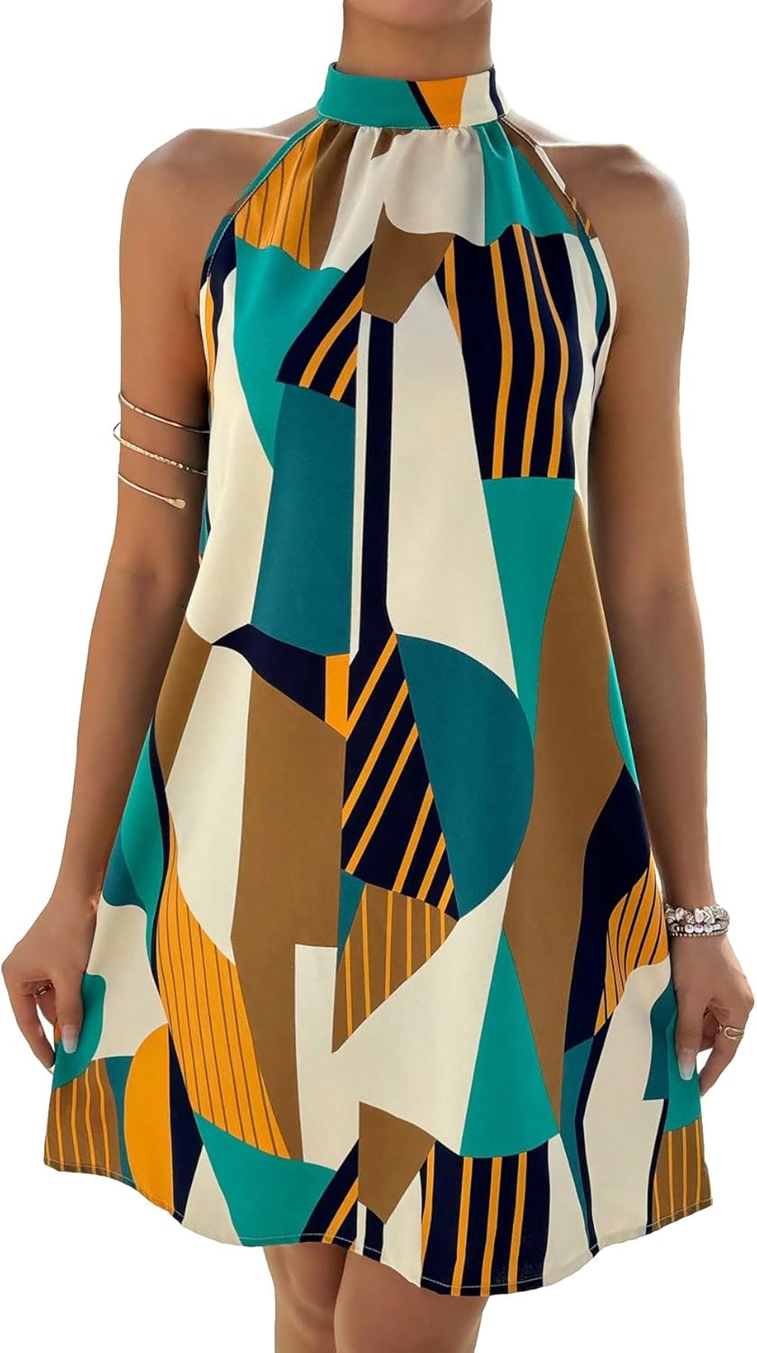 Floerns Women's Geo Print Halter A Line Dress Sleeveless Vacation Short Dresses
