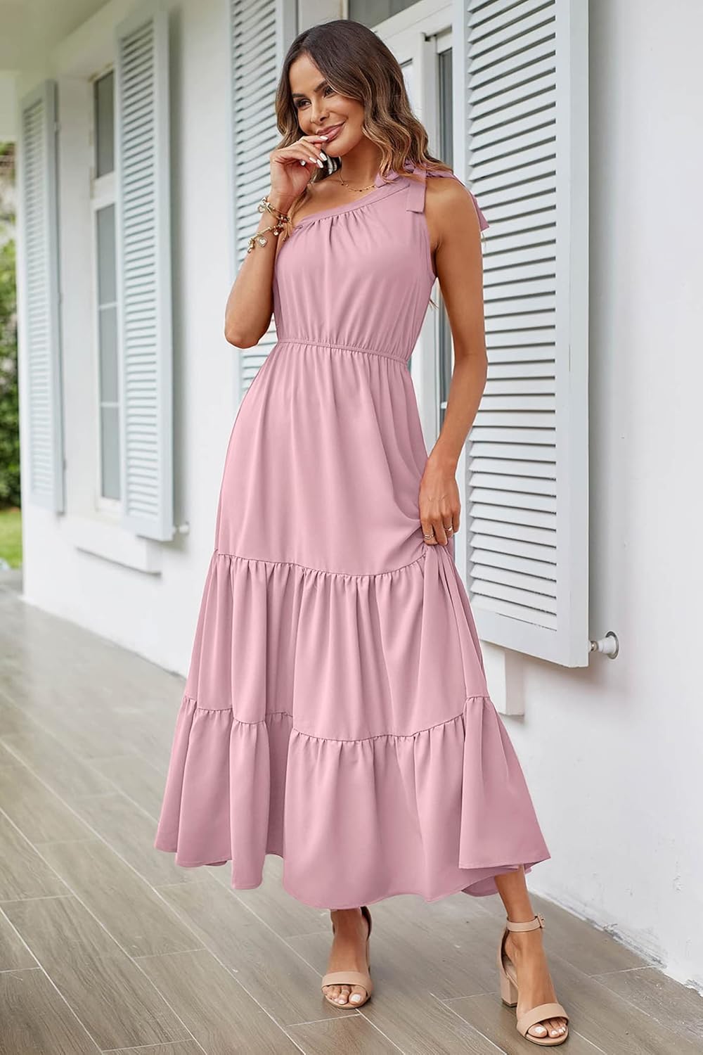 PRETTYGARDEN Women's Summer Floral Maxi Dress Knot One Shoulder Sleeveless Ruffle Flowy Boho Beach Wedding Guest Dresses