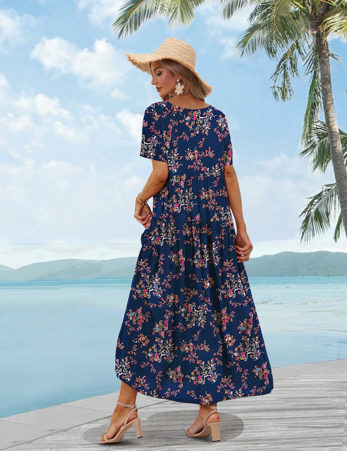 YESNO Women Casual Loose Bohemian Floral Dress with Pockets Short Sleeve Long Maxi Summer Beach Swing Dress EJF