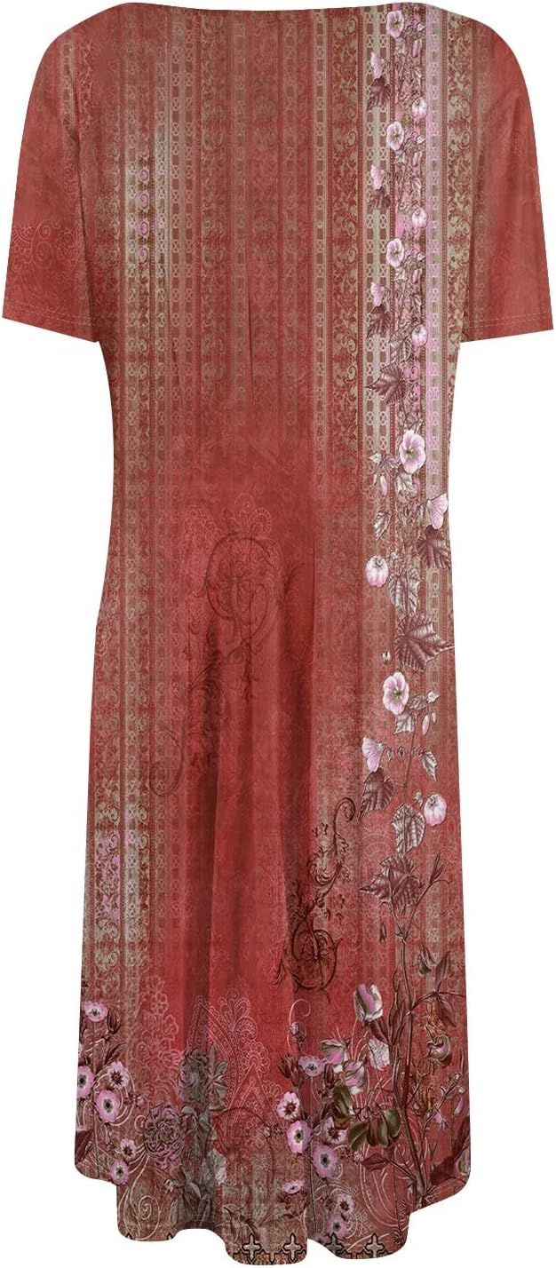 Summer Dresses for Women 2025 Crew Neck Short Sleeve Boho Beach Vacation Floral/Solid Midi Sundresses with Pockets