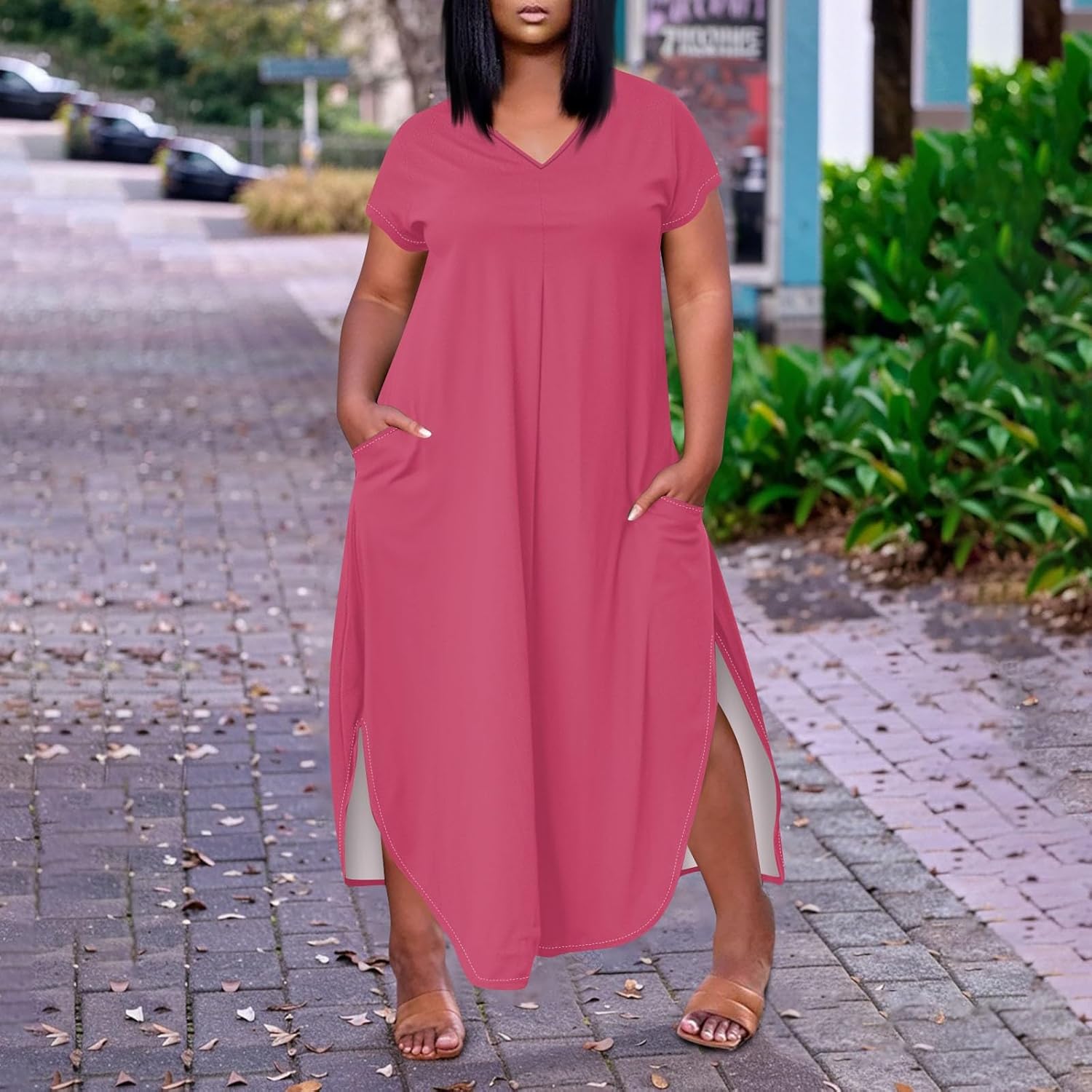 Maxi Dresses for Women 2025 Plus Size Tie Dye V Neck Dress Short Sleeve Side Split Beach Summer Sundress with Pocket