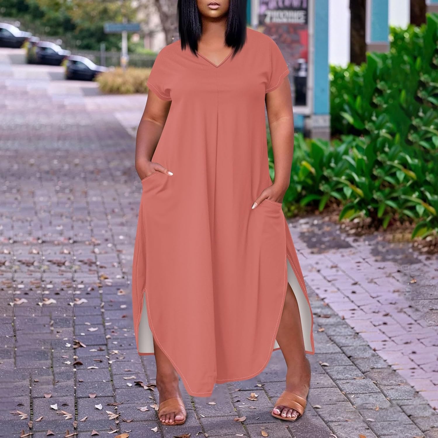 Maxi Dresses for Women 2025 Plus Size Tie Dye V Neck Dress Short Sleeve Side Split Beach Summer Sundress with Pocket