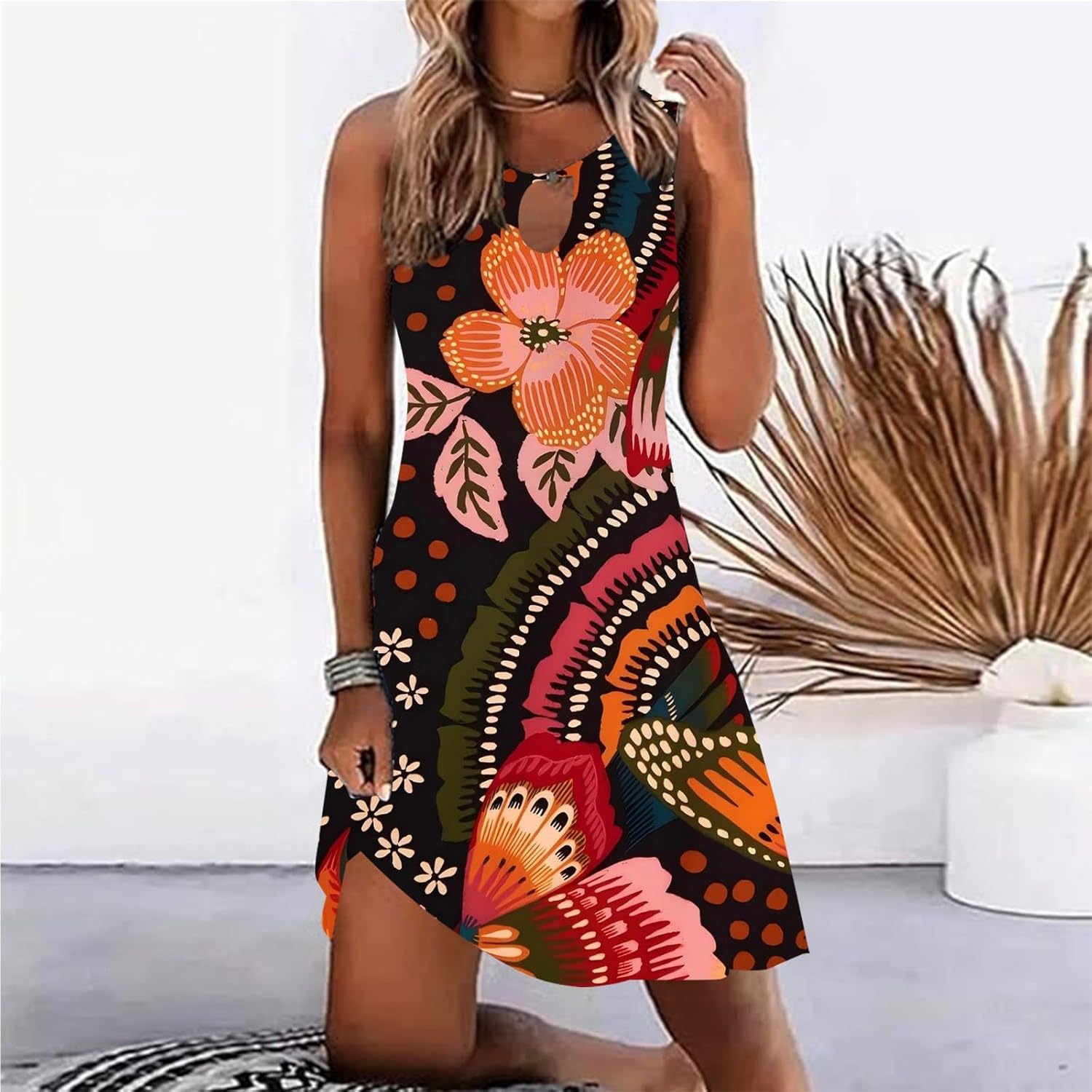 Summer Dresses for Women 2025 Vacation Beach Casual Vintage Midi Sundresses Sexy Sleeveless V Neck Boho Tank Dress