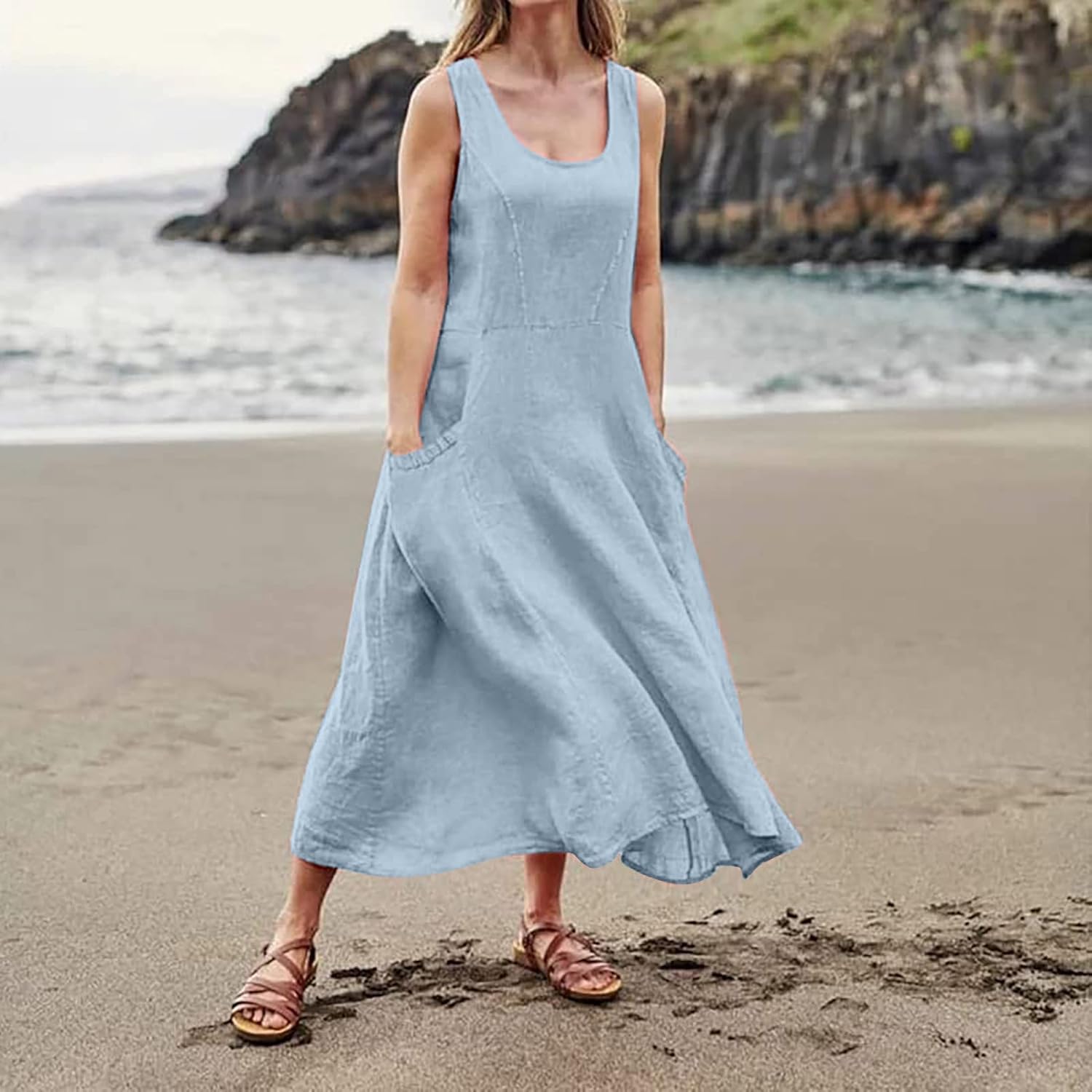 Women's Casual Sleeveless Dresses, Cotton Linen Pocket Dresses Summer Dresses for Women 2024 Sundresses Beach Dress
