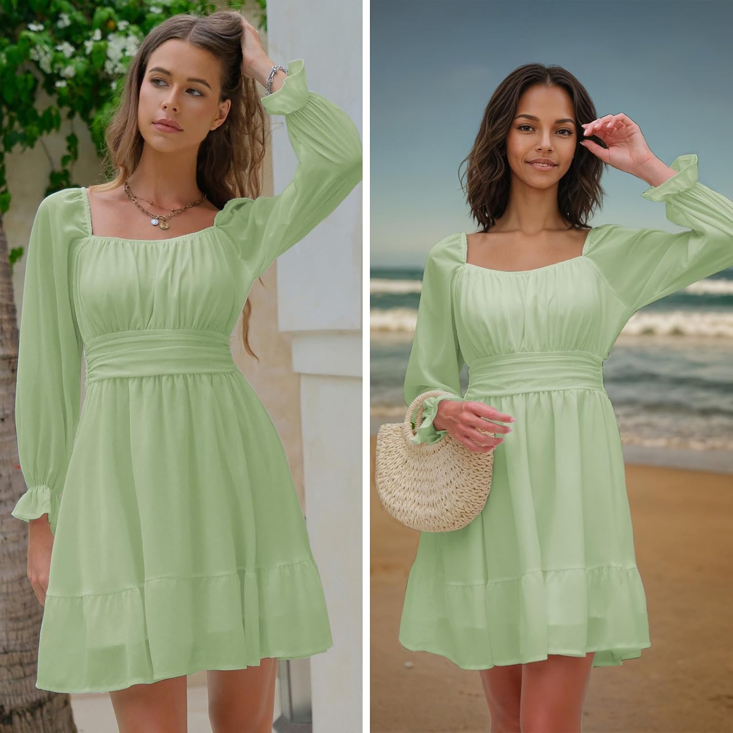 EXLURA Women's 2025 Casual Long Lantern Sleeve Dresses Square Neck Ruffle Tie Back Elastic Waist Aline Short Mini Dress