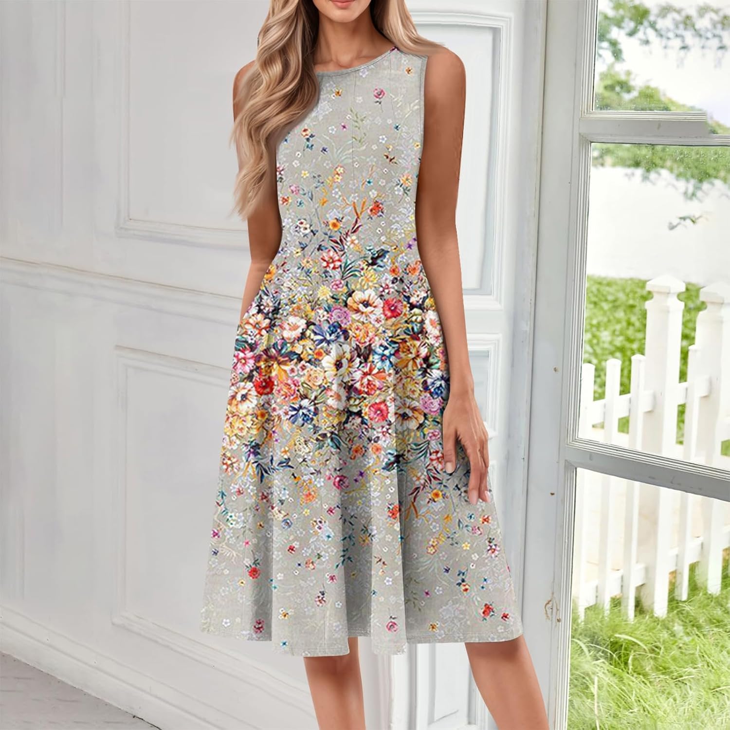 Womens Tank Sundress 2025 Casual Floral Print Tshirt Dress Swing Sleeveless Midi Dress Crewneck Pleated Summer Dresses