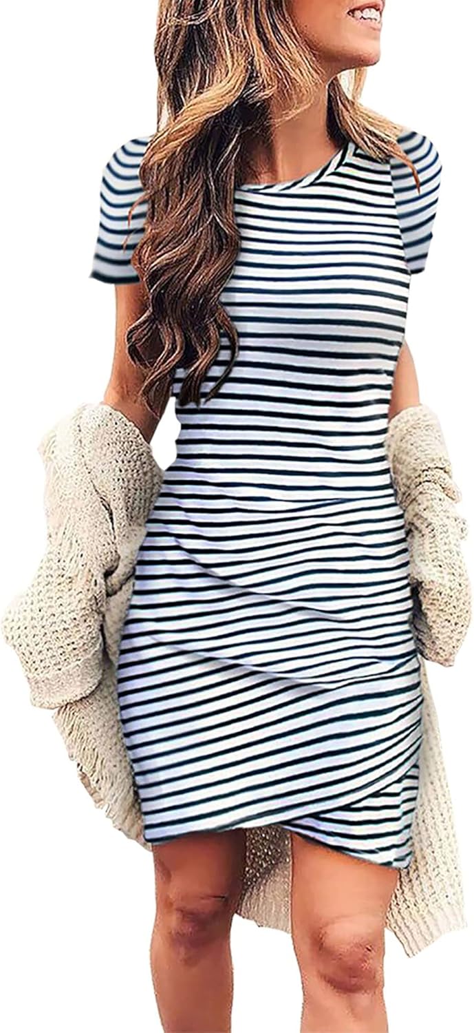 BTFBM Women's 2025 Summer Casual Beach Dresses Crew Neck Short Sleeve Wrap Party Club Mini Ruched Bodycon T Shirt Dress