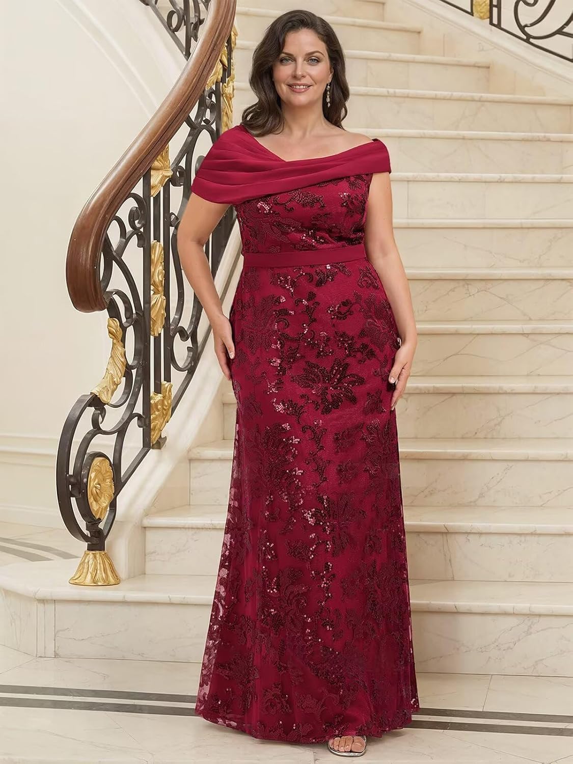 Lace Sequin Mother of The Bride Dresses for Women Long Mermaid Off The Shoulder Formal Evening Dress with Sleeves