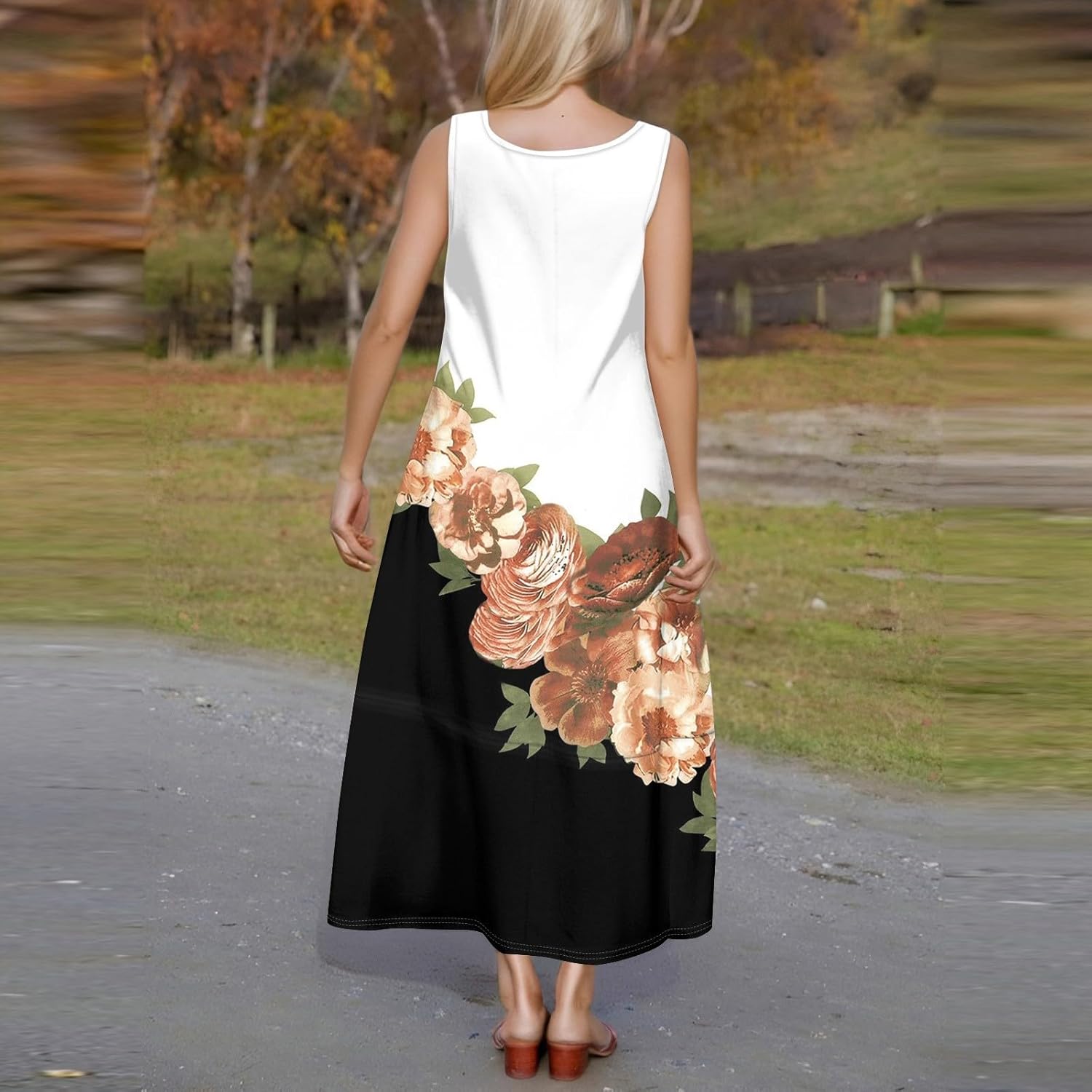 Womens Summer Tank Dress Vacation Boho Floral Long Dresses with Pockets Resort Wear Swing Beach Sleeveless Sundress
