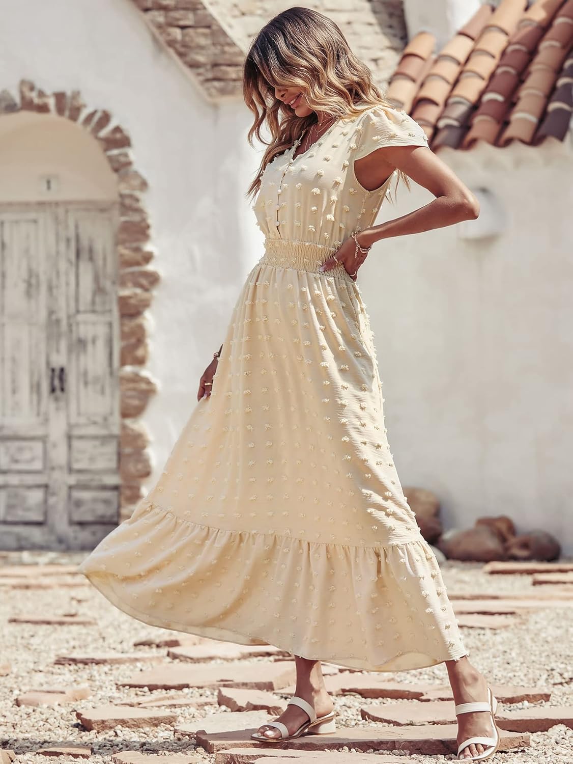 PRETTYGARDEN Womens Dresses 2025 Summer Maxi Dress Boho Short Sleeve V Neck Swiss Dot Ruffle Tiered Smocked Flowy Long Dress