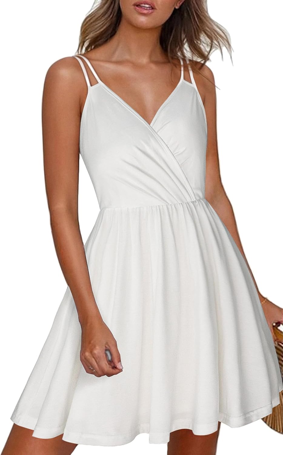 ECOWISH Summer Dresses for Women 2025 V-Neck Spaghetti Strap Bowknot Backless Sleeveless Lace Mini Swing Skater Dress