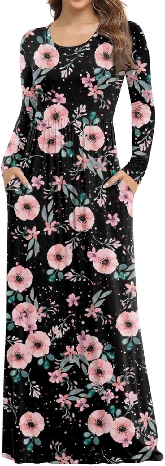 Long Sleeve Maxi Dress for Women Elegant Crew Neck Flowy Swing Dresses Solid Color Wedding Guest Dresses