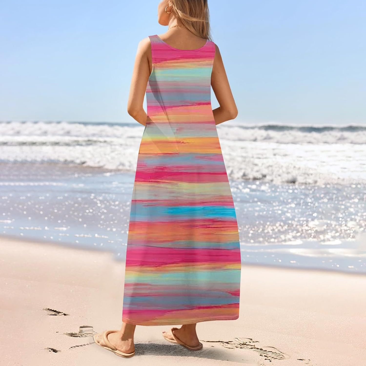Womens Summer Tank Dress Vacation Boho Floral Long Dresses with Pockets Resort Wear Swing Beach Sleeveless Sundress