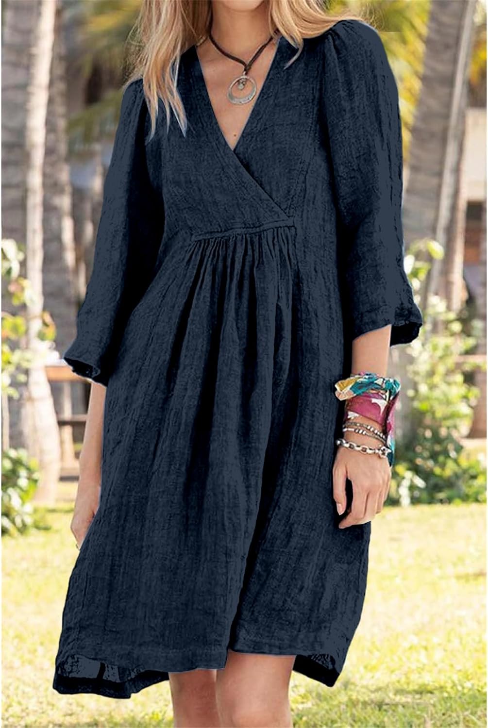Womens Linen Dress Summer Casual A-line Dresses 3/4 Sleeve Knee Length Ruched Midi Dress V Neck Shift Dresses 2025