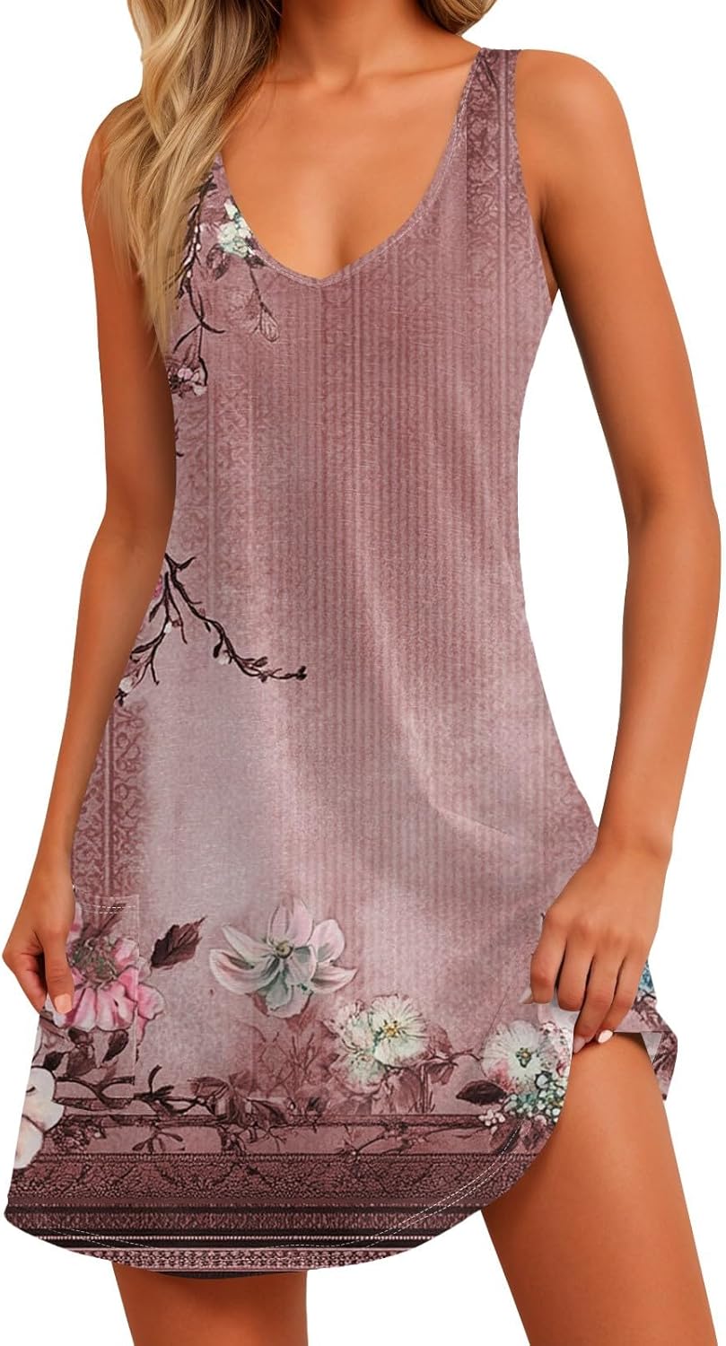 Women's Sleeveless Floral Print Summer Dress Casual V-Neck A-Line Mini Dress for Beach Party and Daily Wear