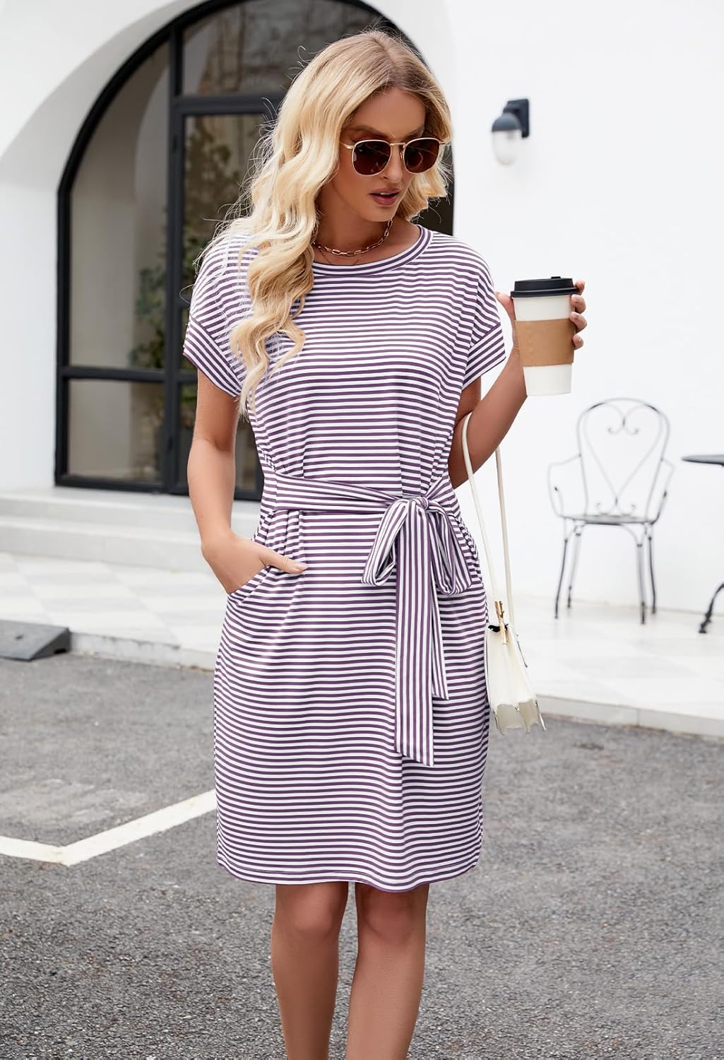 MEROKEETY Women's Summer Striped Short Sleeve T Shirt Dress Casual Tie Waist with Pockets