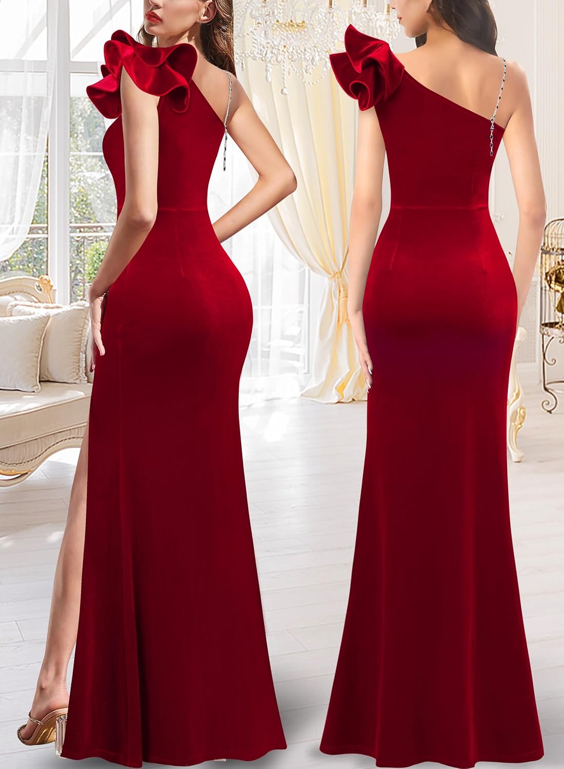 VFSHOW Womens Ruffle One Shoulder Strap Ruched Formal Prom Wedding Maxi Dress V Neck Elegant Split Cocktail Evening Long Gown