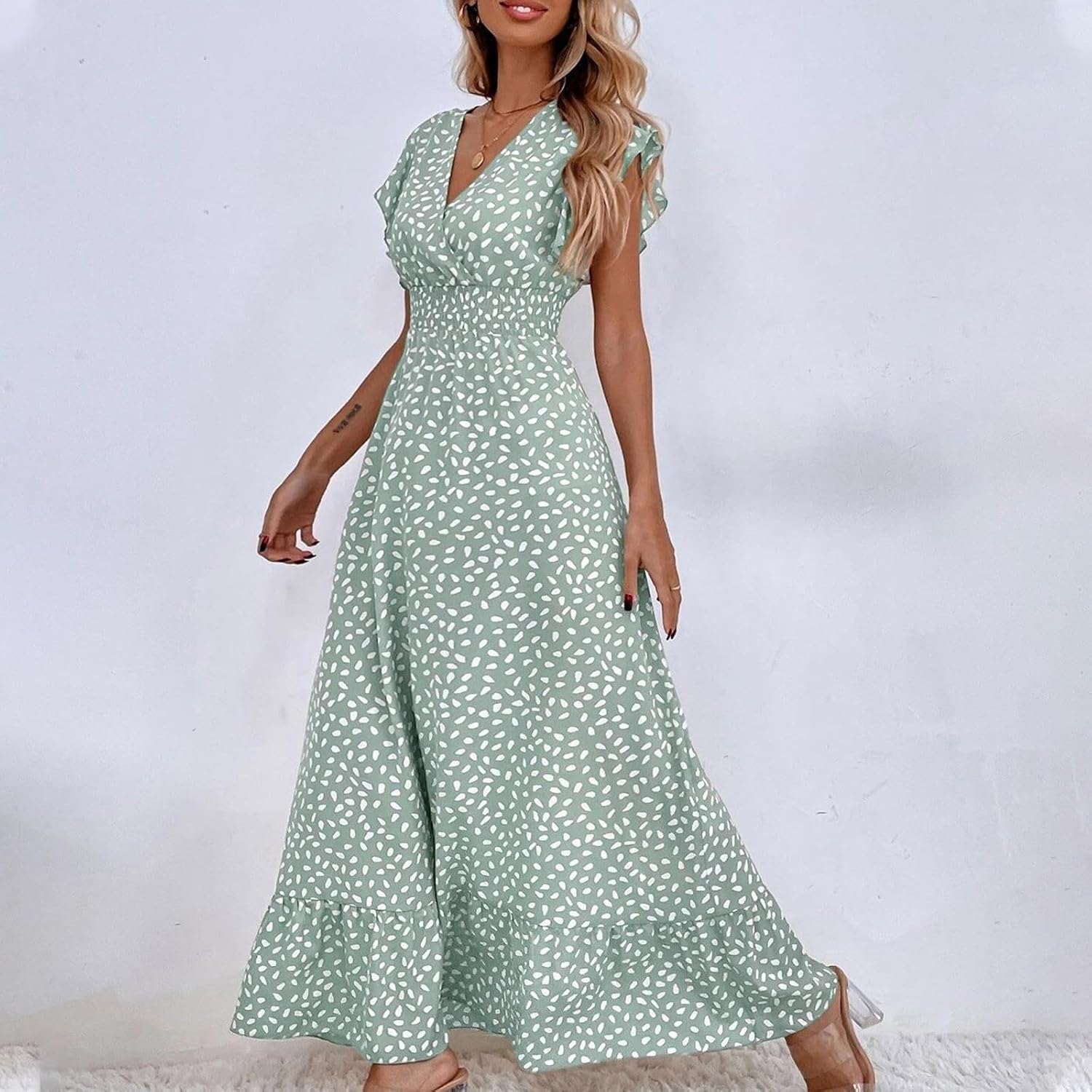 2024 Womens Summer Dresses Casual Boho Floral Ruffle Sleeve Midi Dresses Trendy Tie Waist V-Neck Sundress Beach Dress