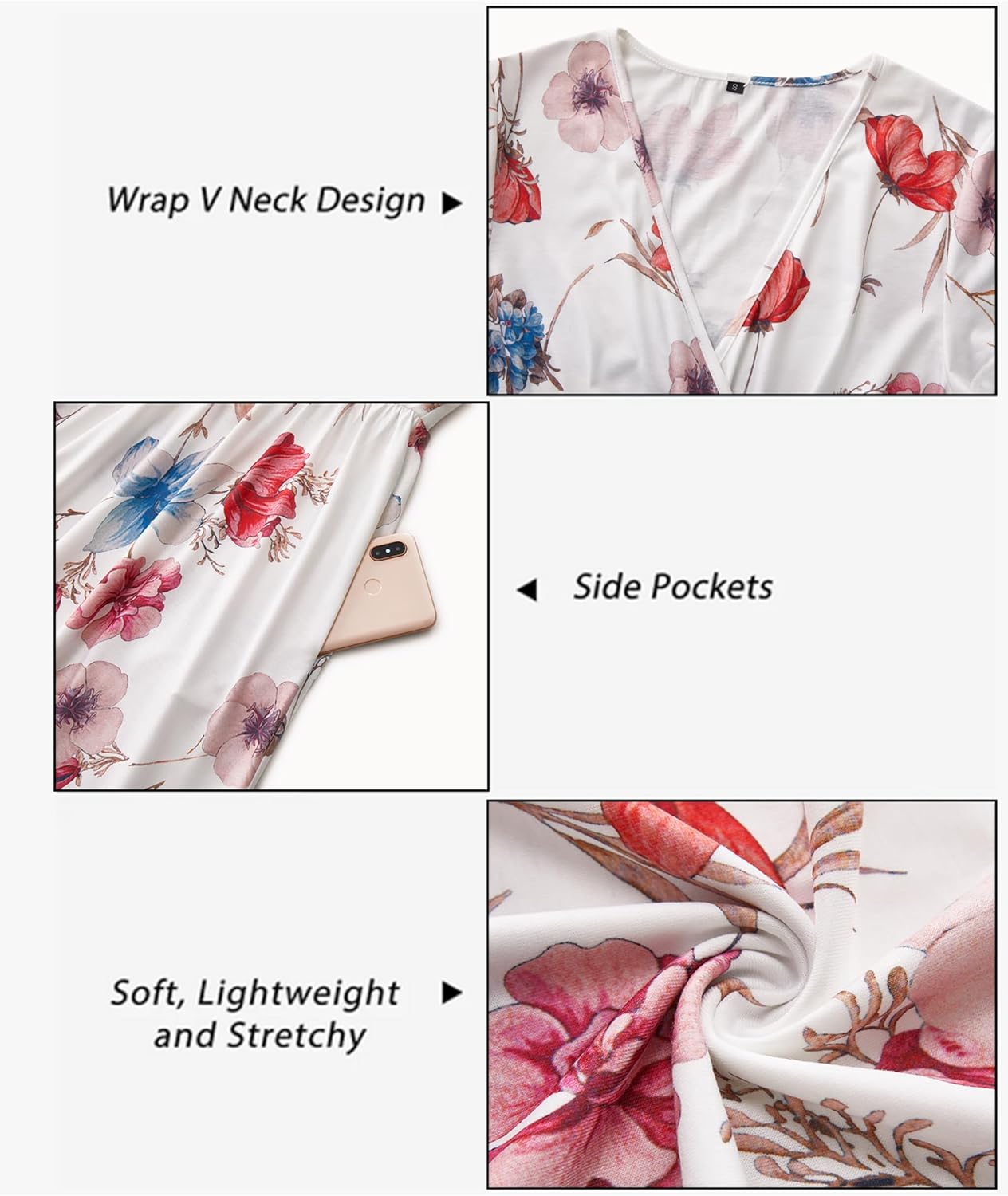OUGES Women's Summer Short Sleeve V-Neck Floral Short Party Dress with Pockets