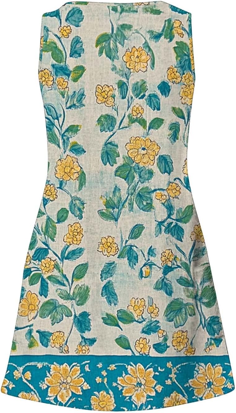 Womens 2025 Spring Summer Dresses Casual Floral Print V-Neck Tank Dress Curve Hem Pleated A-Line Sundresses