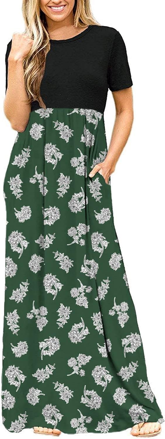 DEARCASE Maxi Dress for Women Short Sleeve Casual Summer Loose Plain Comfy Long Dresses with Pockets
